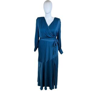 Elouquii Womens Blue Polyester Wrap Maxi Dress Belted Long Sleeve Elegant Sz 18